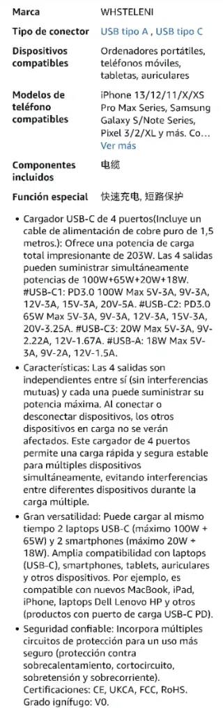 Cargador USB C 200W 4 Puertos
