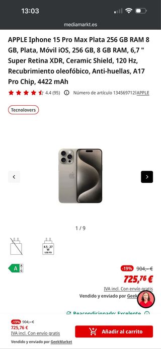 iPhone 15 Pro Max Plata 256GB