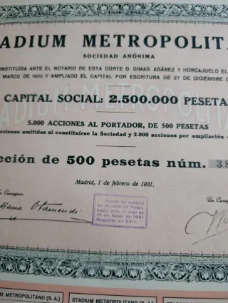 Acción Stadium Metropolitano 500 pesetas