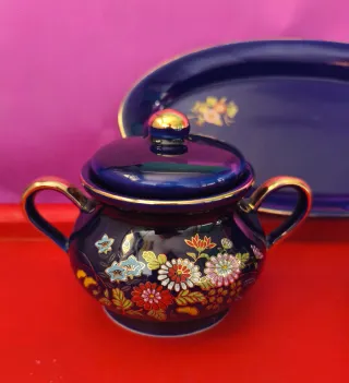 Bandeja Azucarero y Cremera Vintage cobalto Kutani