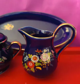 Bandeja Azucarero y Cremera Vintage cobalto Kutani