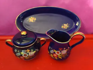 Bandeja Azucarero y Cremera Vintage cobalto Kutani
