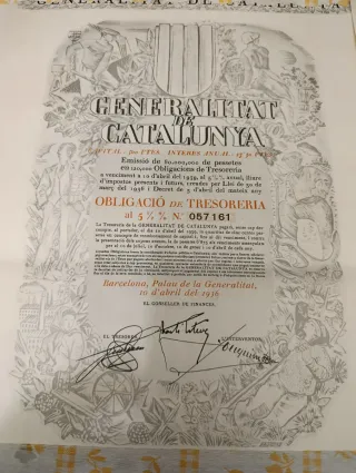 Generalitat de Catalunya Obligació Tresoreria 1939
