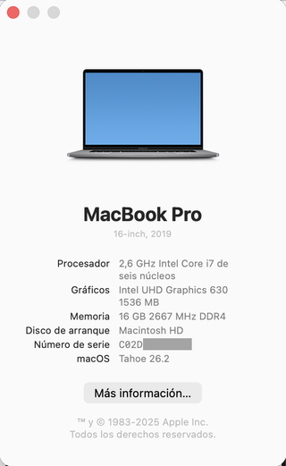 MacBook Pro 16 2019 i7 16GB 512GB Impecable
