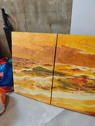 Cuadro abstracto paisaje marino tonos dorados