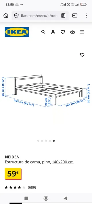 Cama Ikea Neiden 200x140cm Madera Pino