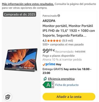 Monitor Portátil ARZOPA 15.6 Negro