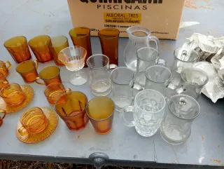 Lote vasos y tazas cristal ámbar y transparentes