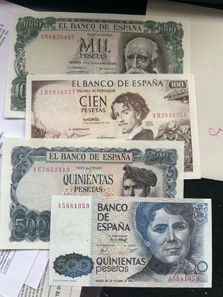 Lote 4 Billetes Pesetas (1000, 100, 500, 500)