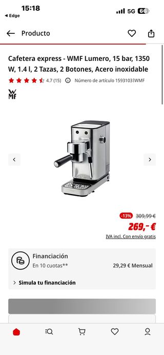 WMF Lumero - Cafetera expreso con 3 portafiltro, 1