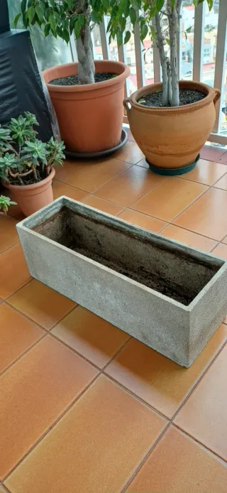 Jardinera de hormigón y maceta de terracota