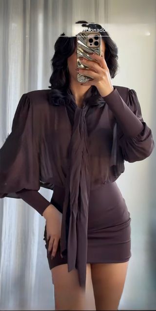 Vestido Zara marrón manga larga lazo