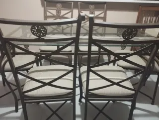 Mesa forja y cristal con 6 sillas