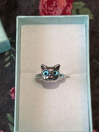 Anillo gato plata ojos azules ajustable