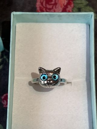 Anillo gato plata ojos azules ajustable