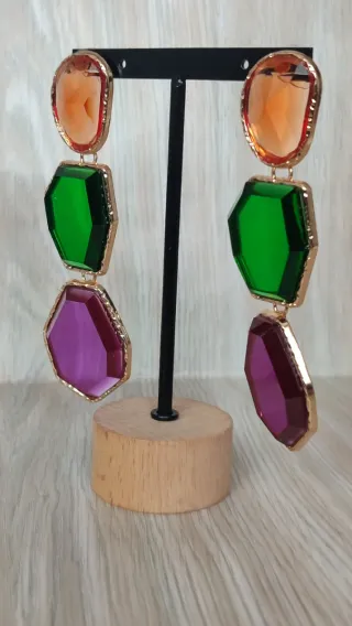 Pendientes largos resina naranja, verde, morado
