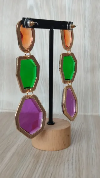 Pendientes largos resina naranja, verde, morado