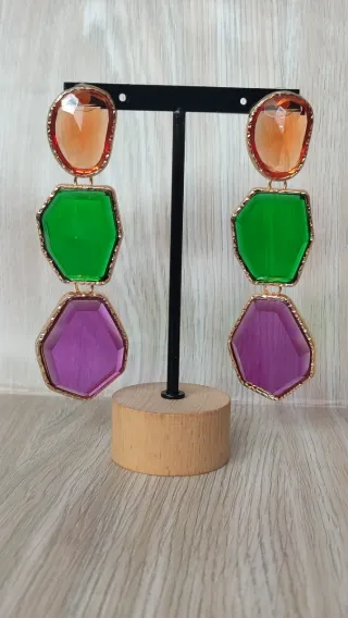 Pendientes largos resina naranja, verde, morado