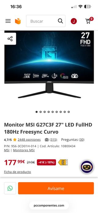 Monitor MSI G27C3F 27 180Hz Curvo
