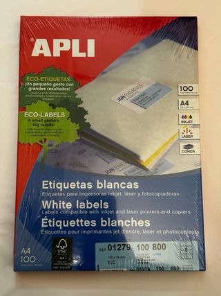 APLI Etiquetas Blancas A4 100 hojas, 8etiq x hoja