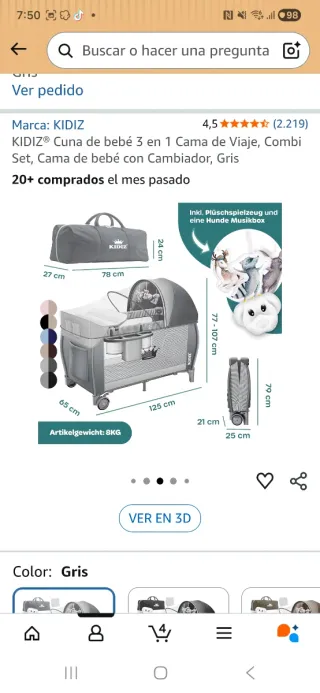 Cuna de bebé KIDIZ 3 en 1 Gris + colchón