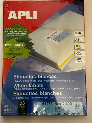 APLI Etiquetas Blancas A4 100 hojas, 24etiq x hoja