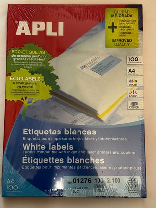 APLI Etiquetas Blancas A4 100 hojas, 21etiq x hoja