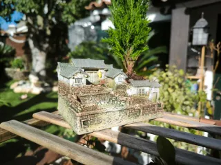 Maceta pueblo japonés con bonsái.