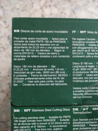 Discos Corte Acero Inoxidable Parkside 180mm