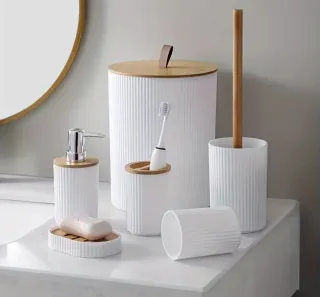Set 6 Pezzi Accessori Bagno Bianco Legno