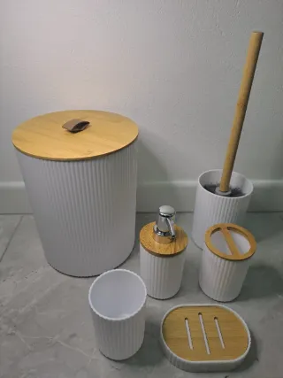 Set 6 Pezzi Accessori Bagno Bianco Legno