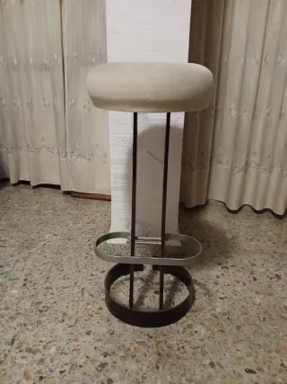 Taburete Vintage Madera Metal Tela Beige Marrón