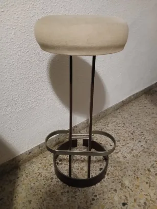 Taburete Vintage Madera Metal Tela Beige Marrón