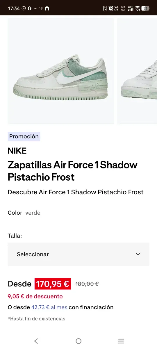 Nike Air Force 1 Shadow Pistachio Frost Talla 39EU