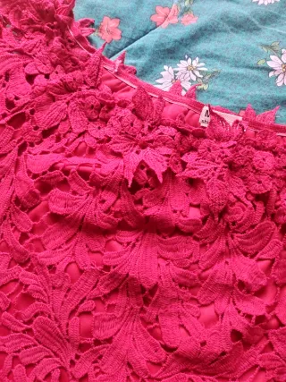 Abito pizzo macramè, spalle scoperte, rosso L/XL