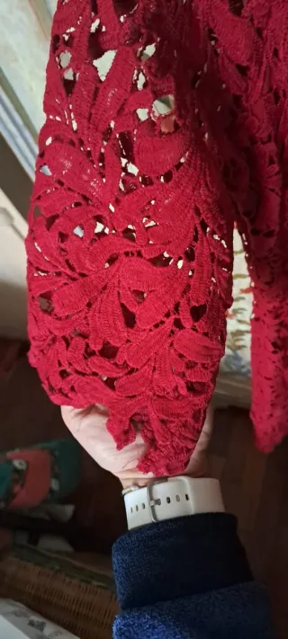 Abito pizzo macramè, spalle scoperte, rosso L/XL