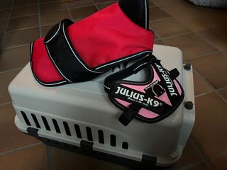 Transportín, arnés y abrigo para perro Gos petit