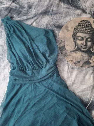 Vestido largo estilo griego verde azulado