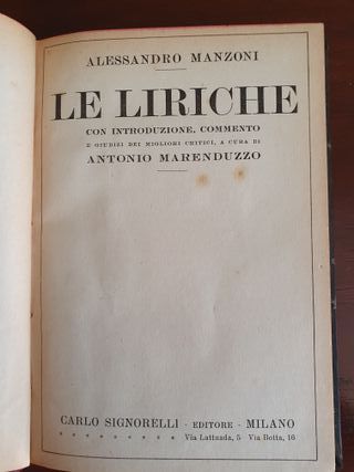 Libro Antico 1926 Le Liriche di Alessandro Manzoni