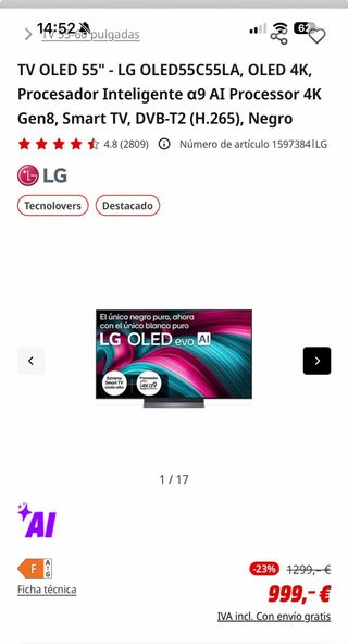 TV OLED 55 LG 4K Procesador α9 AI