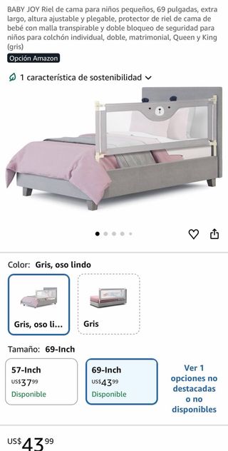 Barandilla de Cama para Niños Gris Oso