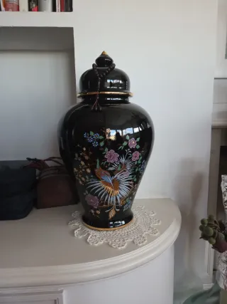 Jarrón Chino Cerámica Negro Flores Pájaros