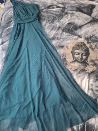 Vestido largo estilo griego verde azulado