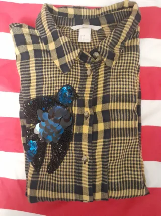 Camisa estilosa cuadros amarillo y azul lentejuela
