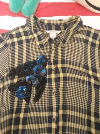 Camisa estilosa cuadros amarillo y azul lentejuela