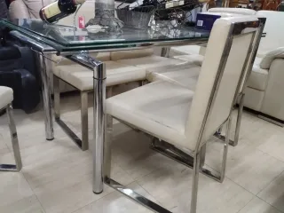 6 Sillas Comedor Piel Beige y Metal