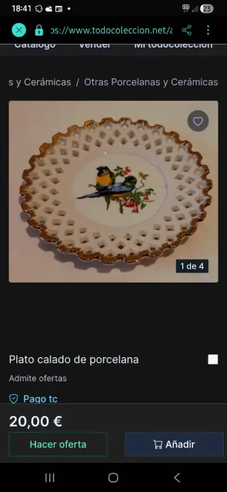 Plato porcelana calada pájaros pintados a manom