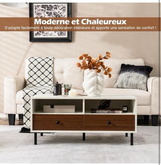 Mesa baja blanca y madera con cajones