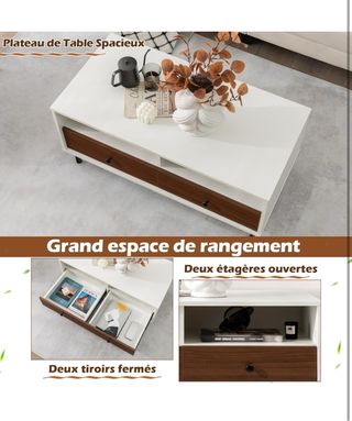 Mesa baja blanca y madera con cajones