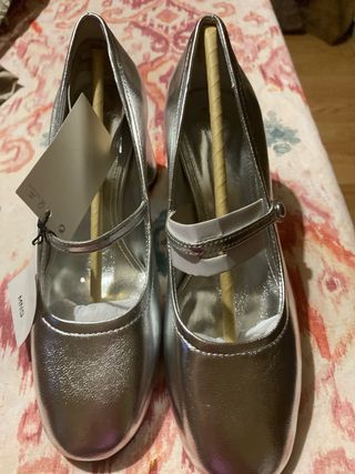 Zapatos Mango Plata Tacón Bloque